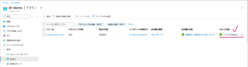 カスタムドメインの設定が完了した画面